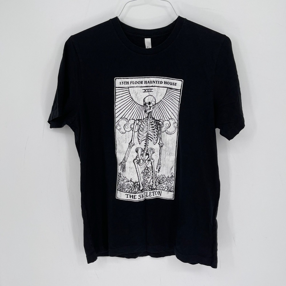 Bella Canvas Men Black 13th Floor Haunted House Tarot Skeleton Graphic Tee Sz L